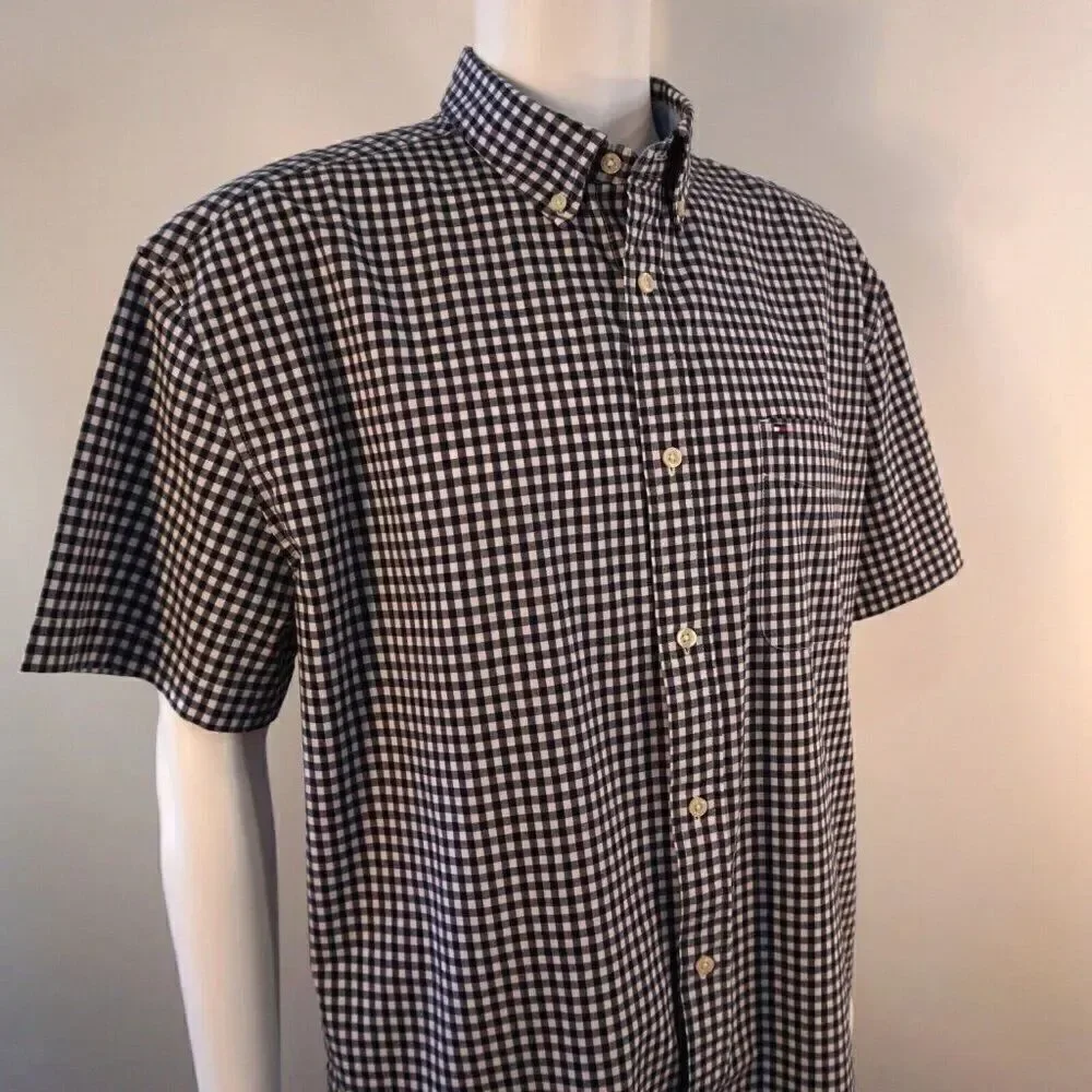 Tommy Hilfiger Mens XL Shirt Gingham Button Down Classic Fit Stretch Short Sleev